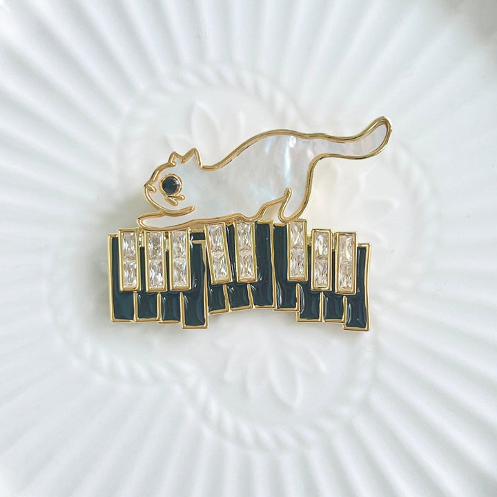 White Cat On The Piano Brooch - Natural Bunny Accessories
