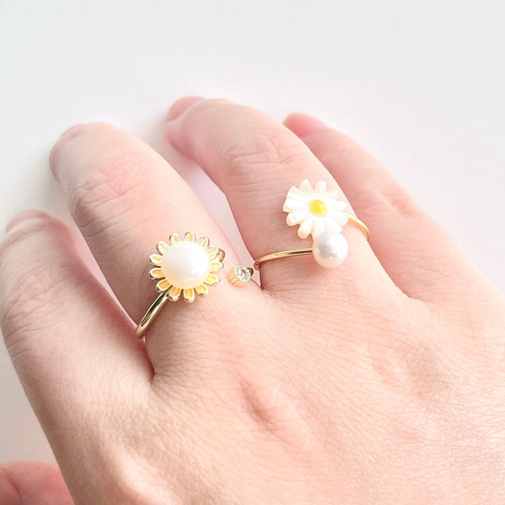 White Daisy Pearl Open Ring - Natural Bunny Accessories