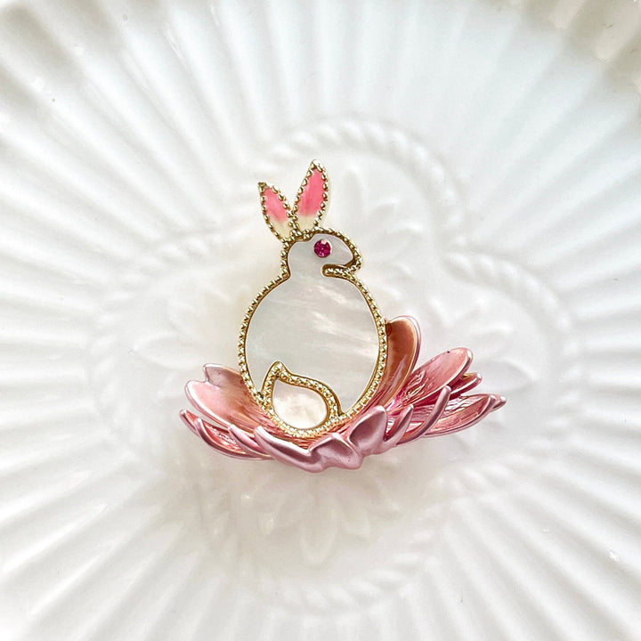 White Rabbit On The Lotus Brooch - Natural Bunny Accessories