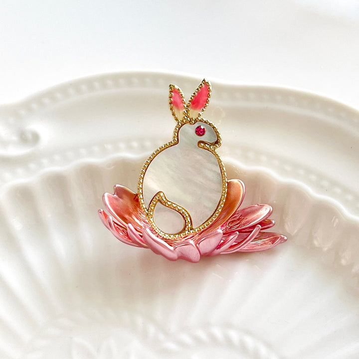 White Rabbit On The Lotus Brooch - Natural Bunny Accessories