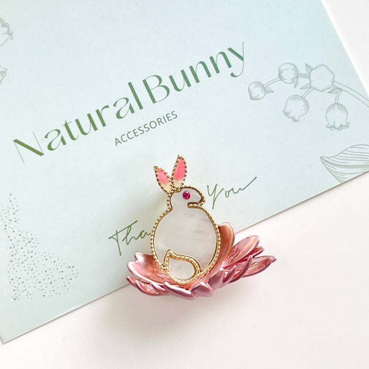 White Rabbit On The Lotus Brooch - Natural Bunny Accessories