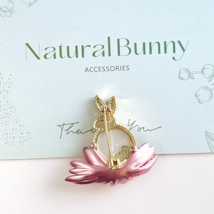 White Rabbit On The Lotus Brooch - Natural Bunny Accessories