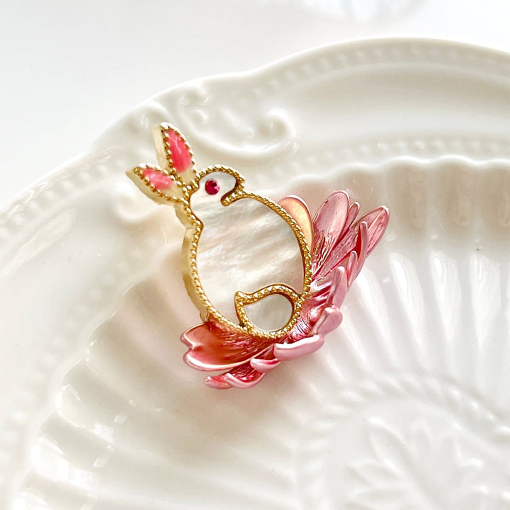 White Rabbit On The Lotus Brooch - Natural Bunny Accessories