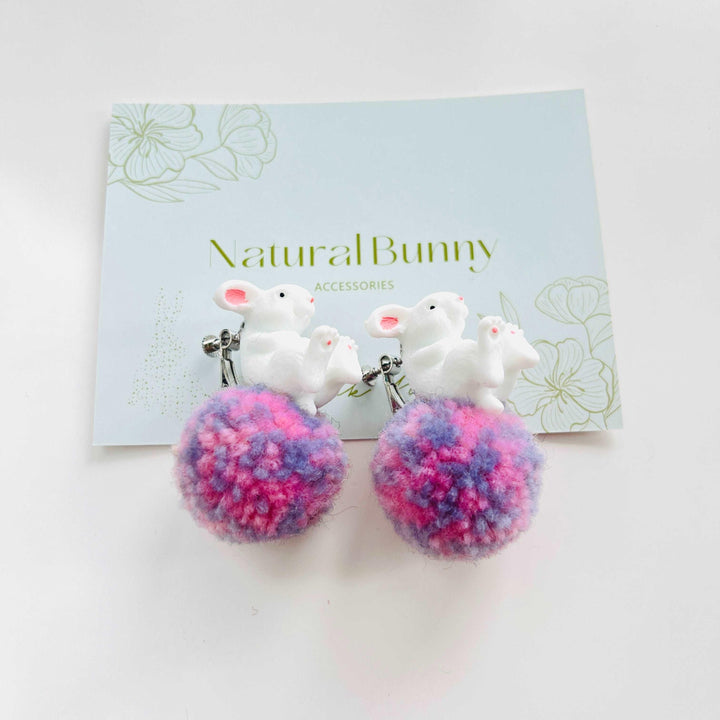 White Rabbit With Pompon Stud Earrings / Clip-on Earrings