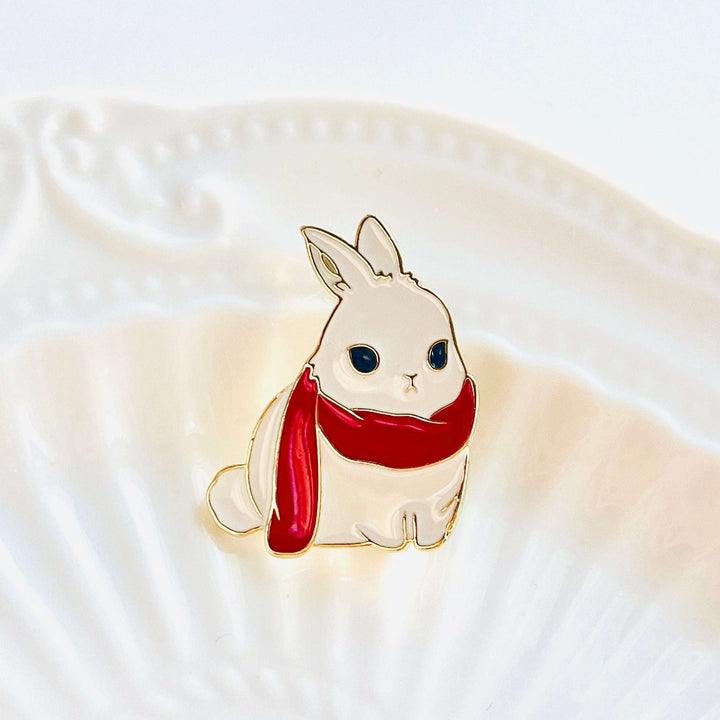White Rabbit With Red Scarf Brooch Pin