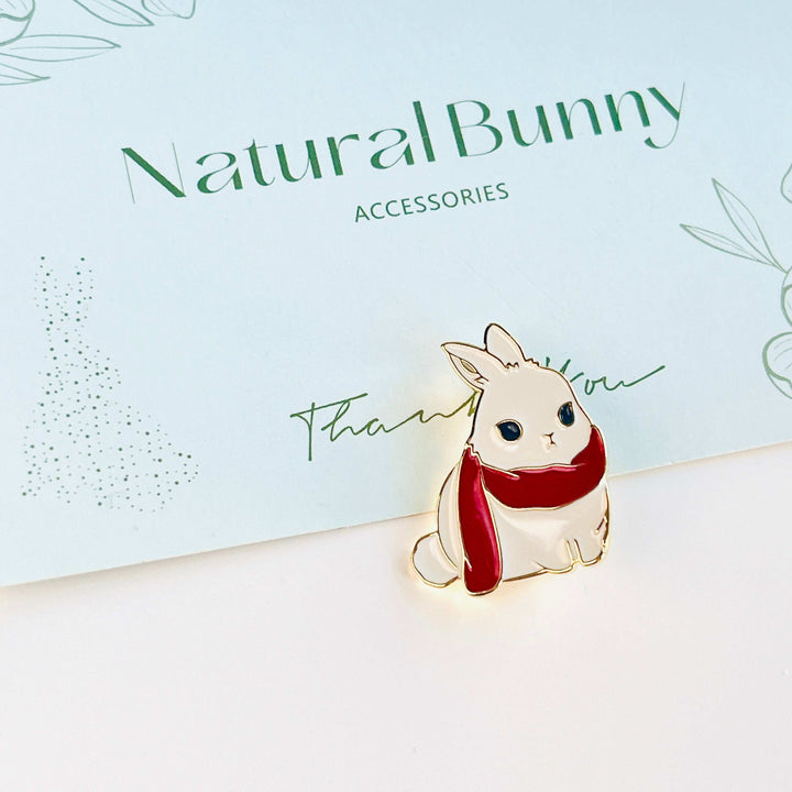 White Rabbit With Red Scarf Brooch Pin