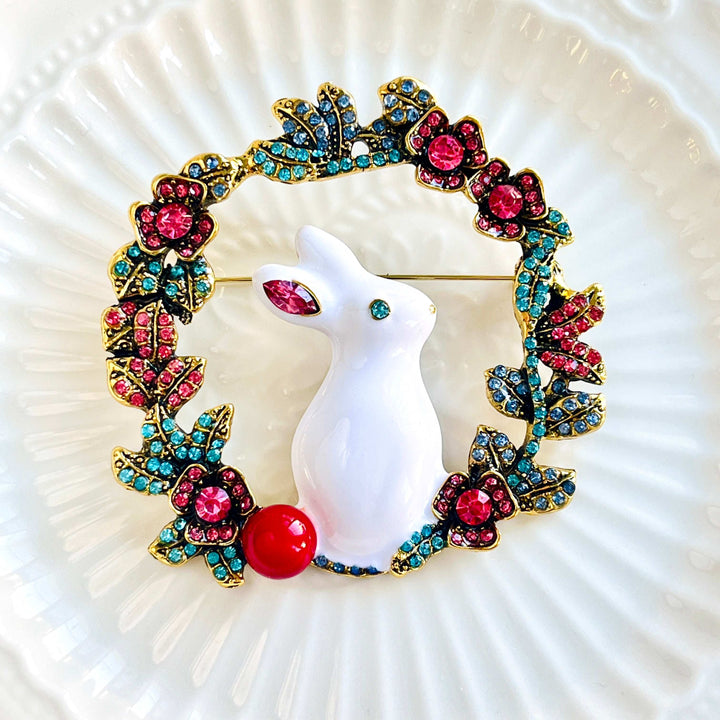 White Rabbit Wreath Brooch