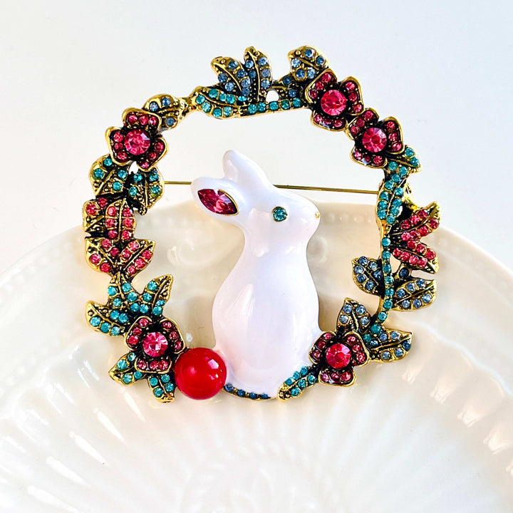White Rabbit Wreath Brooch