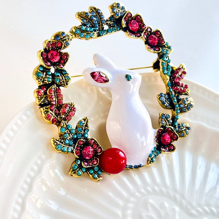 White Rabbit Wreath Brooch