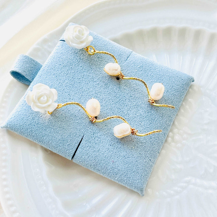 White Rose Pearl Earrings