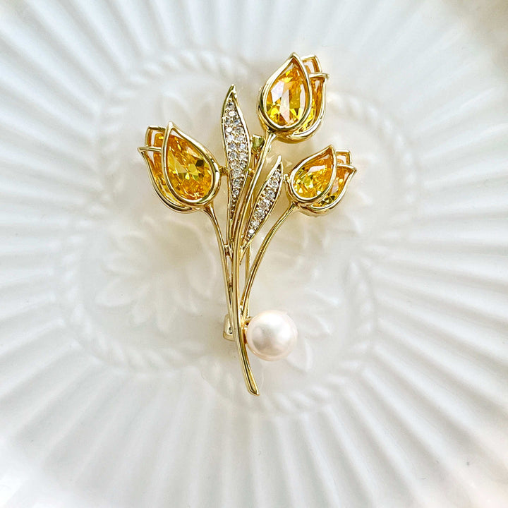 Yellow Tulip Pearl Brooch