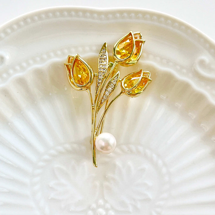 Yellow Tulip Pearl Brooch