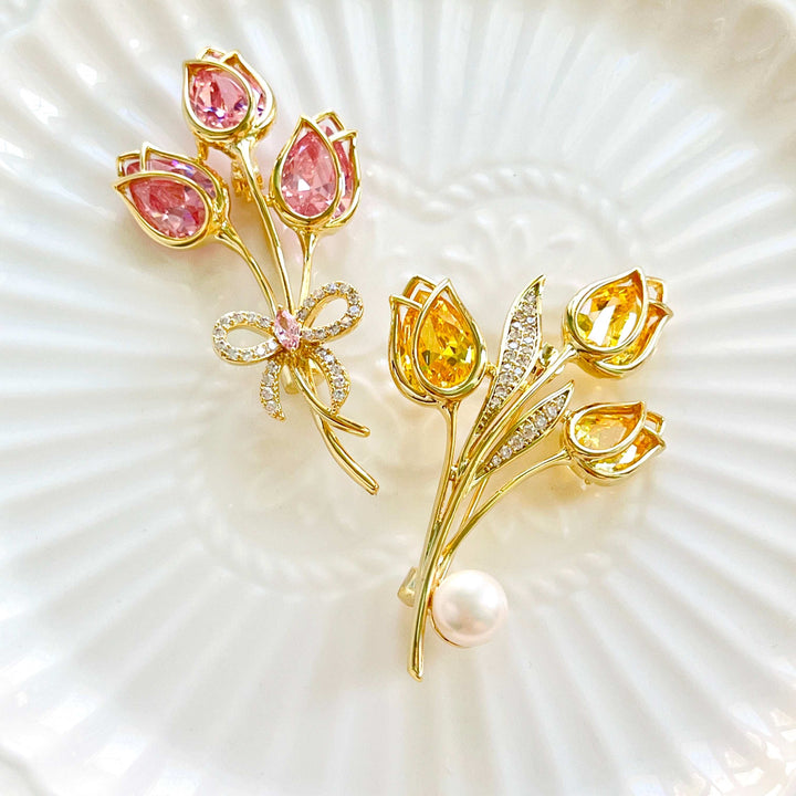 Yellow Tulip Pearl Brooch