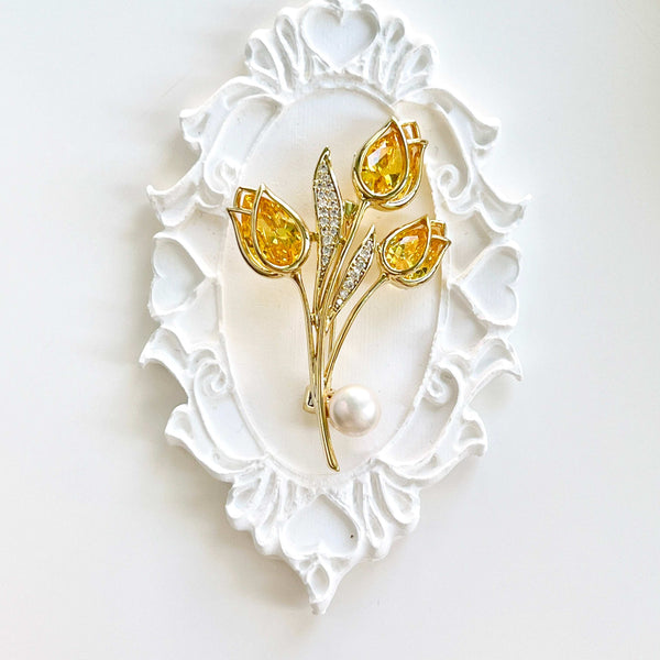 Yellow Tulip Pearl Brooch