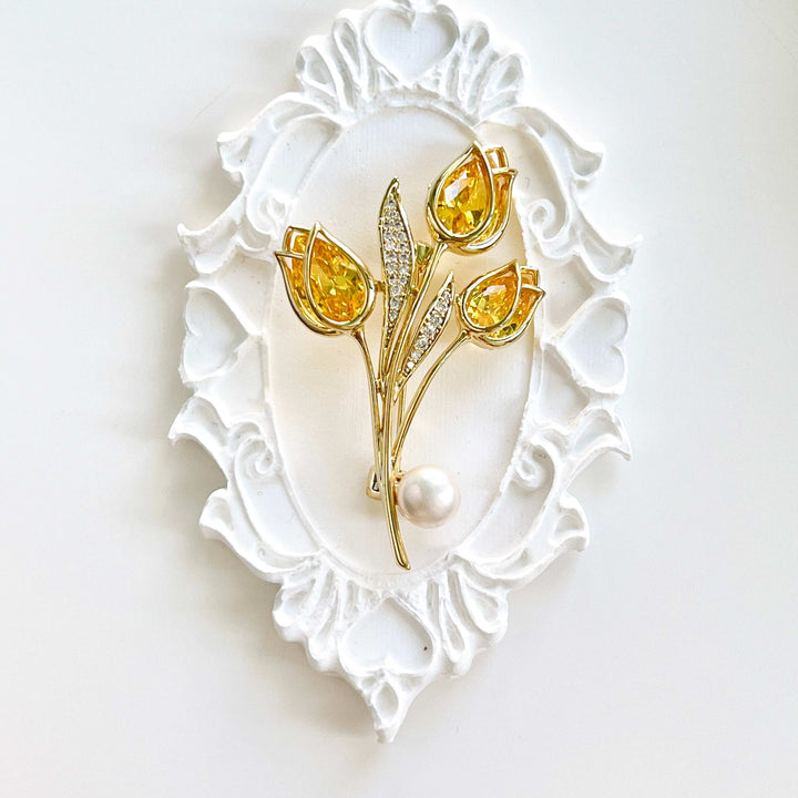Yellow Tulip Pearl Brooch