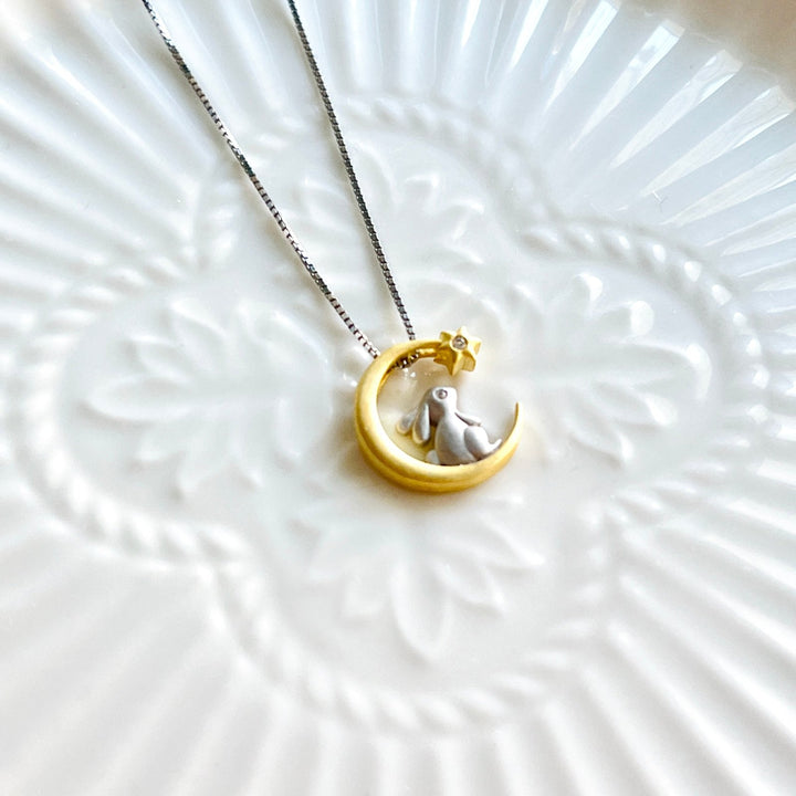 Sterling Silver Moon Bunny Necklace (40cm Chain) - Natural Bunny Accessories