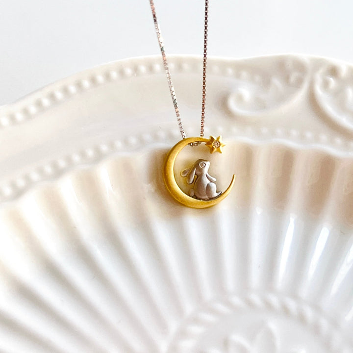 Sterling Silver Moon Bunny Necklace (40cm Chain) - Natural Bunny Accessories