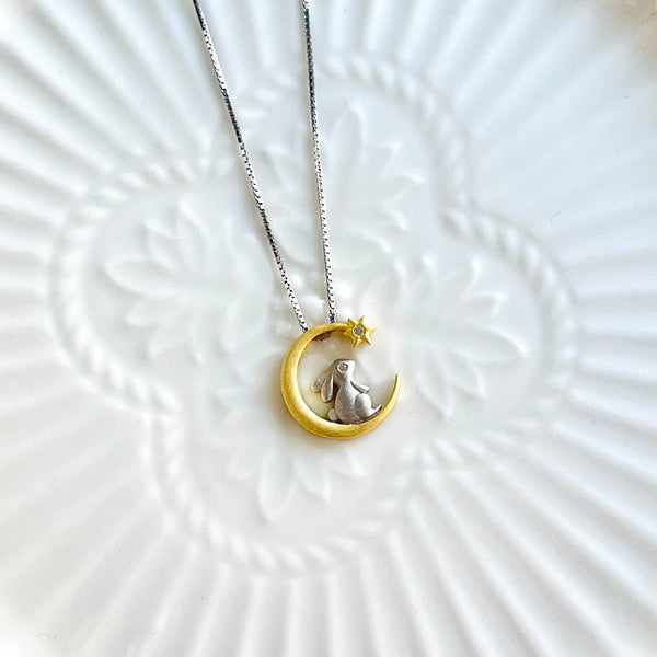 Sterling Silver Moon Bunny Necklace (40cm Chain) - Natural Bunny Accessories