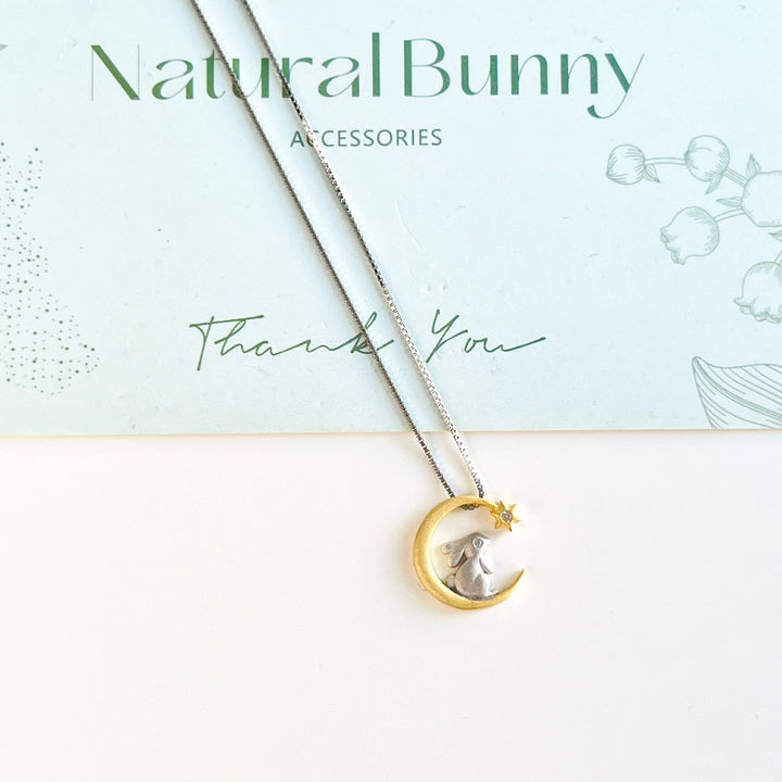 Sterling Silver Moon Bunny Necklace (40cm Chain) - Natural Bunny Accessories