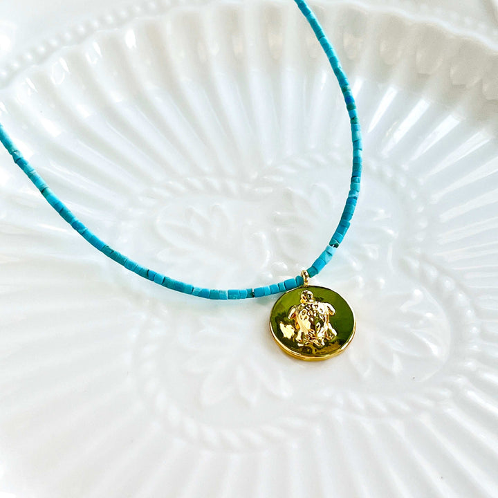 Turtle Pendant Blue Turquoise Beaded Necklace