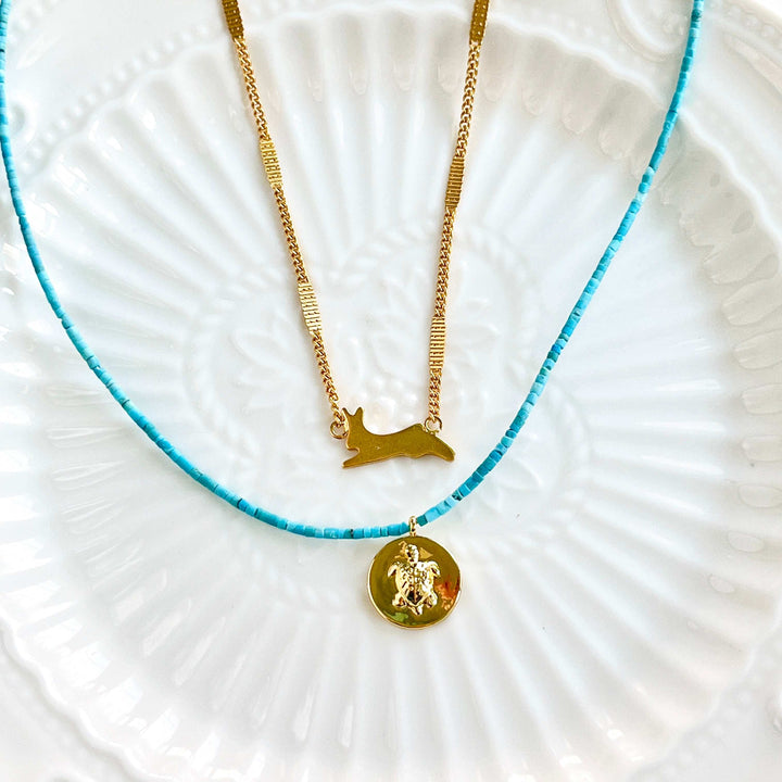 Turtle Pendant Blue Turquoise Beaded Necklace